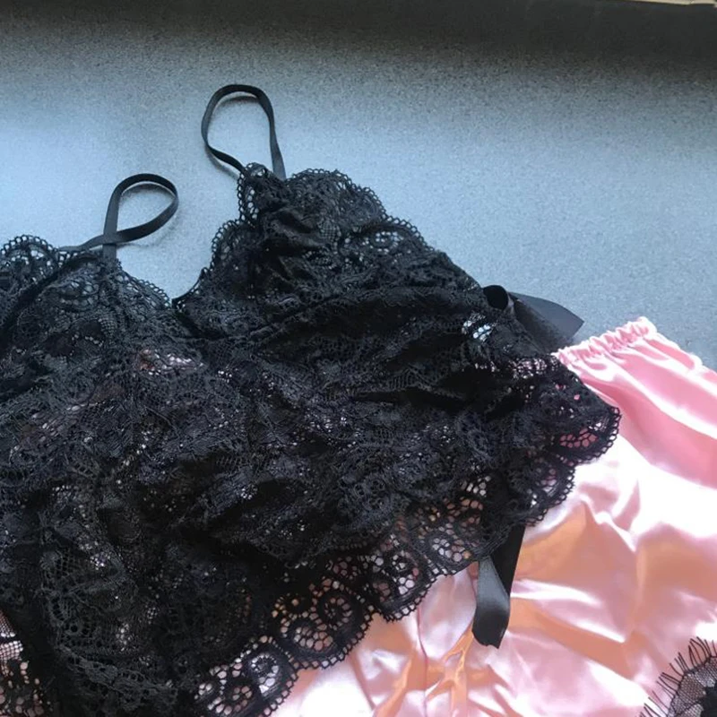 Hirigin 2 stücke Frauen Silk Satin Spitze Nachtwäsche Sexy Bh Leibchen + Shorts Pyjama Sets Damen Sleep Homewear