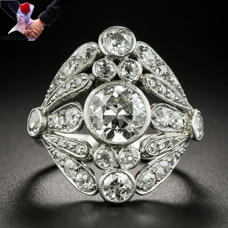 OMHXZJ Wholesale RR1477 European Fashion Hot Fine Woman Girl Party Birthday Wedding Gift Vintage AAA Zircon 18KT White Gold Ring