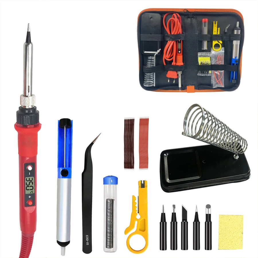 Soldering iron kit adjustable temperature 80W LCD solder welding tools Ceramic heater soldering tip Desoldering Pump Family Pack