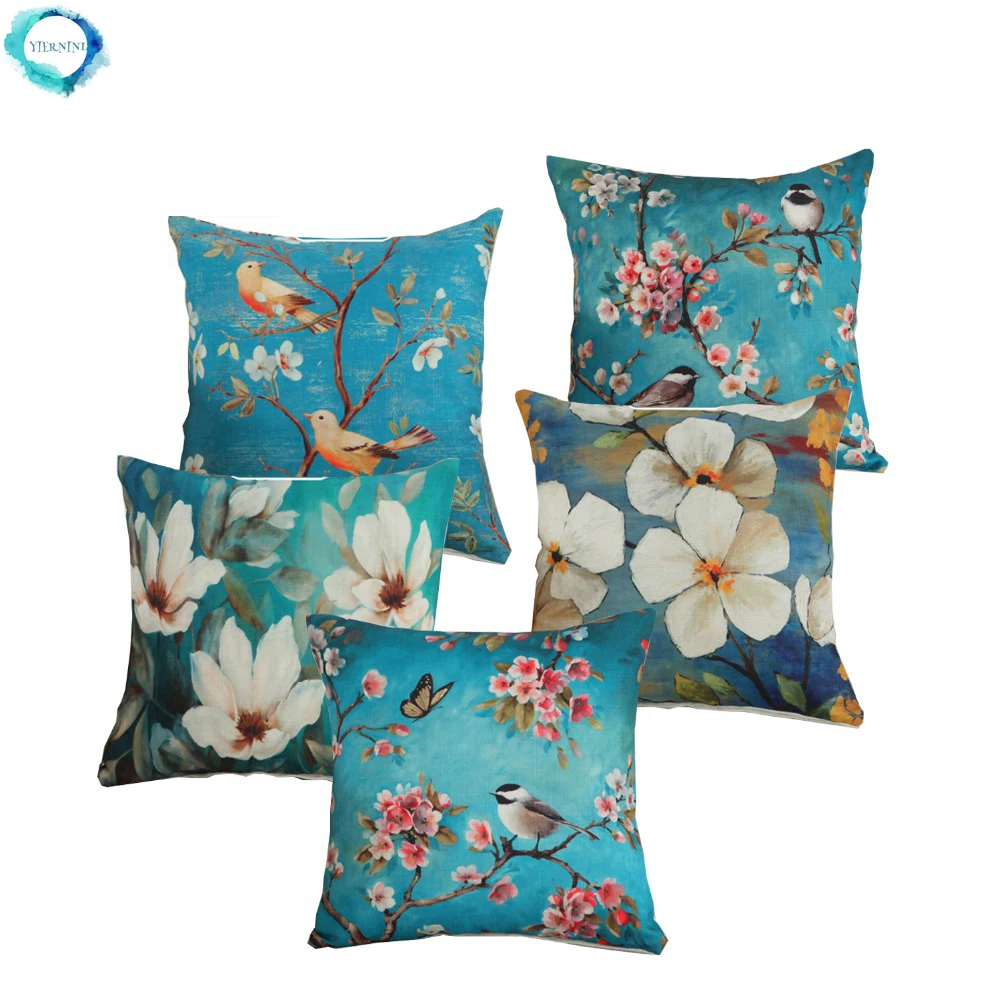 

Cotton Linen Square Pillow Case Flowers Bird Throw Pillow Cover Country Style 6 Choices Cushion Cover Sofa Seat Home Decor