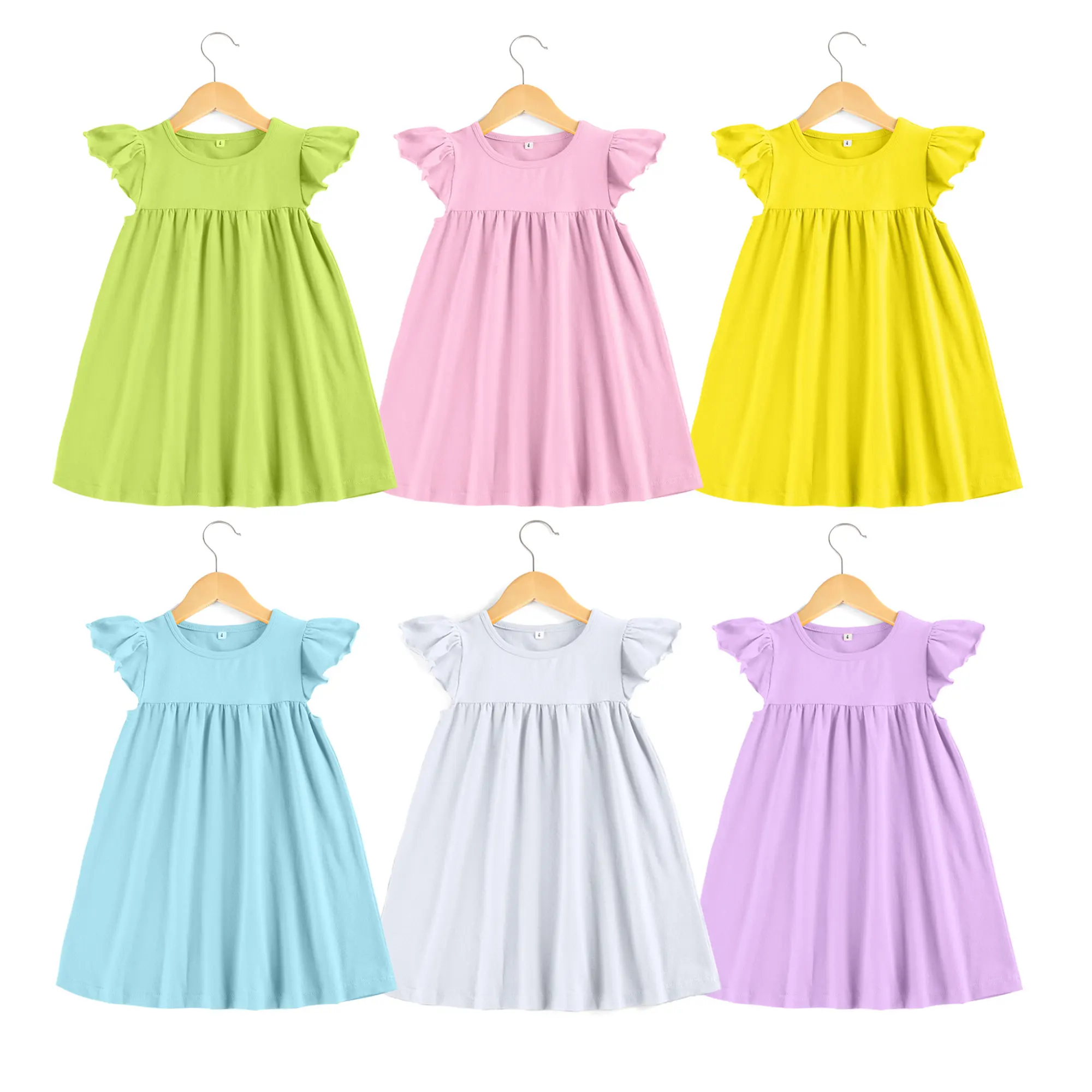 Hot Sale Summer Cotton Solid Sleeveless Ruffle Baby Girl Clothes Frill Casual Dresses