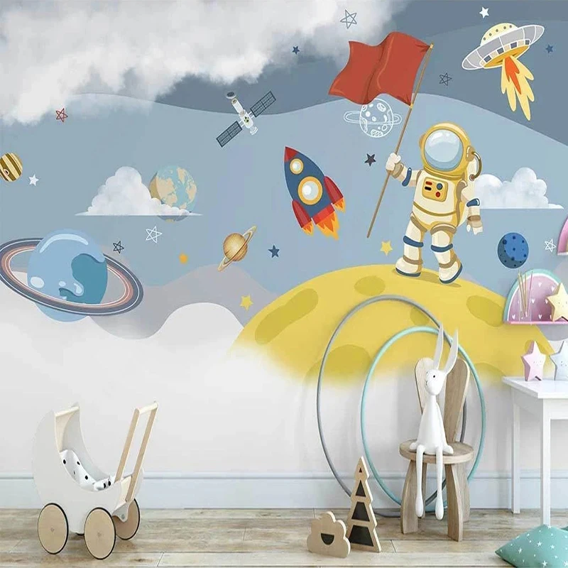 

Custom Mural Wallpaper Nordic Ins Hand Painted 3D Cartoon Space Rocket Astronaut Children's Bedroom Background 3D Wall Painting