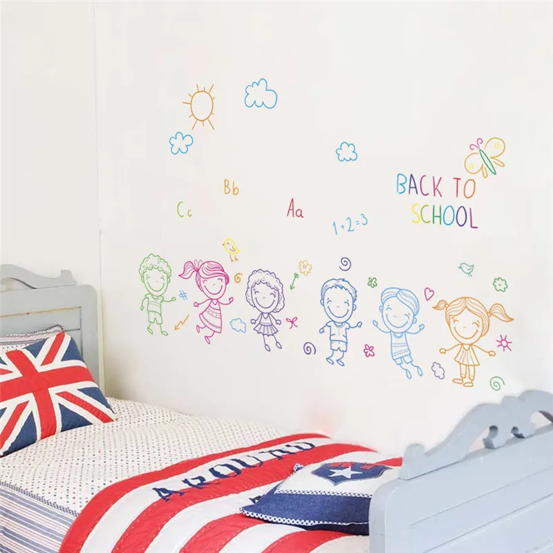 Happy Boys Girls Pupils Back To School Wall Stickers Home Decoration Kids Room Bedroom Mural Art Diy Nursery Wall Decals