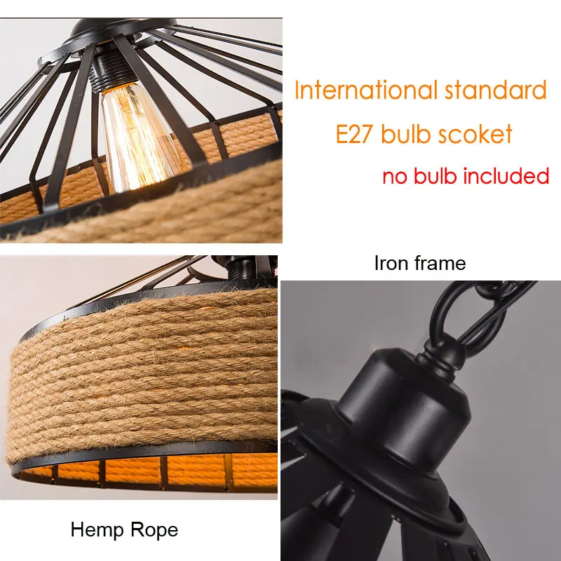 Industrial metal kitchen rope vintage pendant lights dining room e27 restaurant cafe retro loft chandelier ceiling hanging lamp