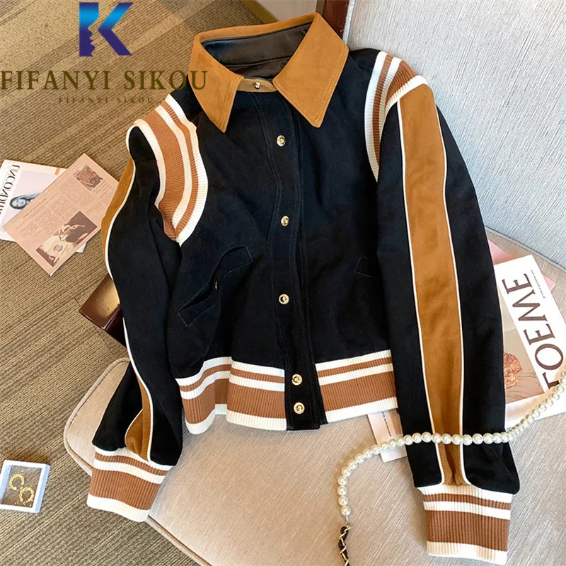 2021 Autumn Women Bomber Jacket Single Breasted Lapel Fashion Spliced  Jacket Loose Casual High Quality Short Coat Female