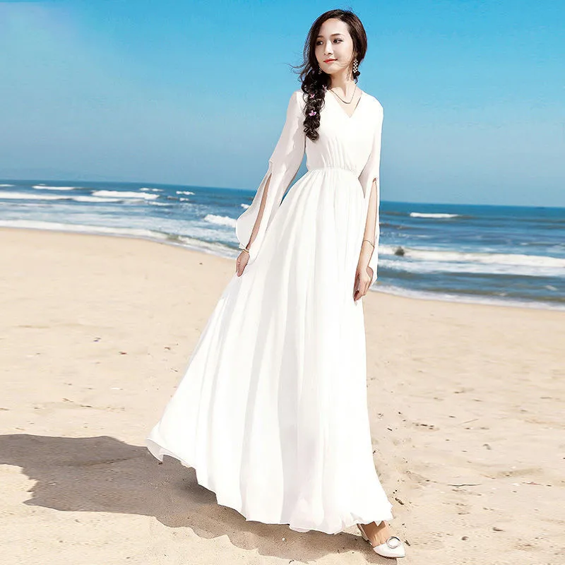 Women Dress Chiffon V-Neck Long Sleeve High Waist Long Beach Dress White Red Dress Summer Plus Size vestido de mujer - AliExpress 200000345 Women Dress Chiffon V-Neck Long Sleeve High Waist Long Beach Dress White Red Dress Summer Plus Size vestido de mujer - AliExpress 200000345