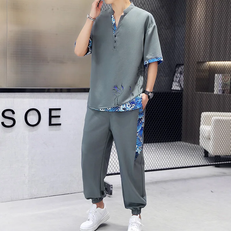 

Chinese Style Printed Men Sets Streetwear Short Sleeve Casual Shirt Elastic Waist Pockets Pants Vintage Loose Men Sets