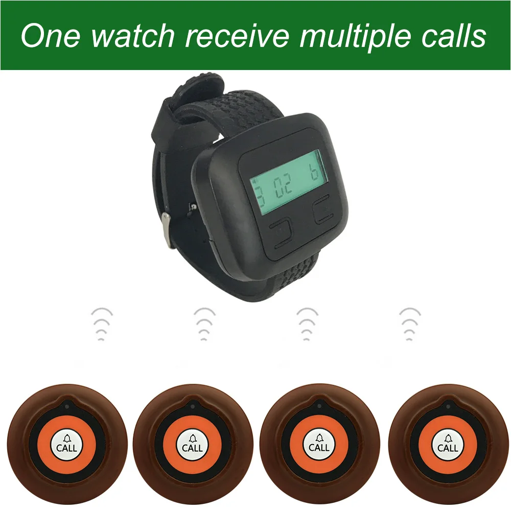 433.92MHz Wireless Calling System with dry battery 2 Buttons 1 Watch Pager Receiver with battery Restaurant Hospital Clinics