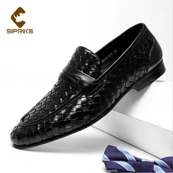 Sipriks Mens Woven Leather Loafers Retro Slip On Casual Shoes British Male Penny Loafer Elegant Gents Suit Wedding Flats Boss 46