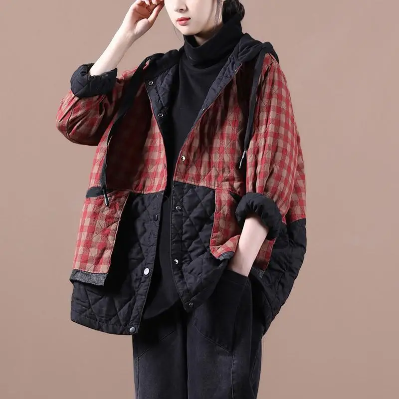 

2021 Autumn Harajuku Black Loose Jacket Pilot Streetwear Plaid Hooded Jacket Women's Print Stitching Plaid Chaquetas A06168