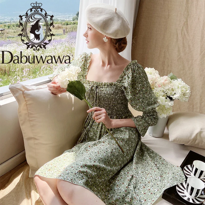 Dabuwawa Vintage Print Dress Women Square Neck Bow Front Lantern Sleeve Prairie Chic Fit and Flare Dress Female DT1CDR003