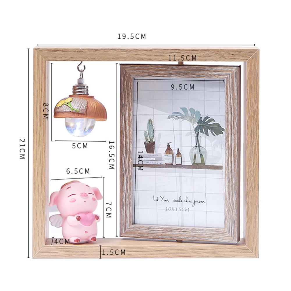 Photo frame creative Nordic photo frame set-up double-sided rotating wooden photo frame with light cartoon pig