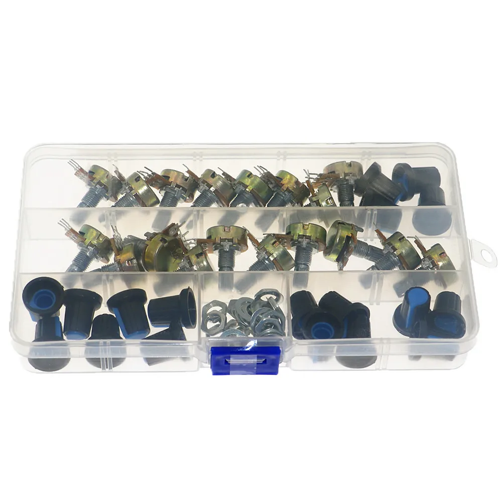 

18Pcs/Box WH148 Single Potentiometer Kit B1K/5K/10K/20K/50K/100K/500K/1M with knobs Single potentiometer set Shaft Nuts