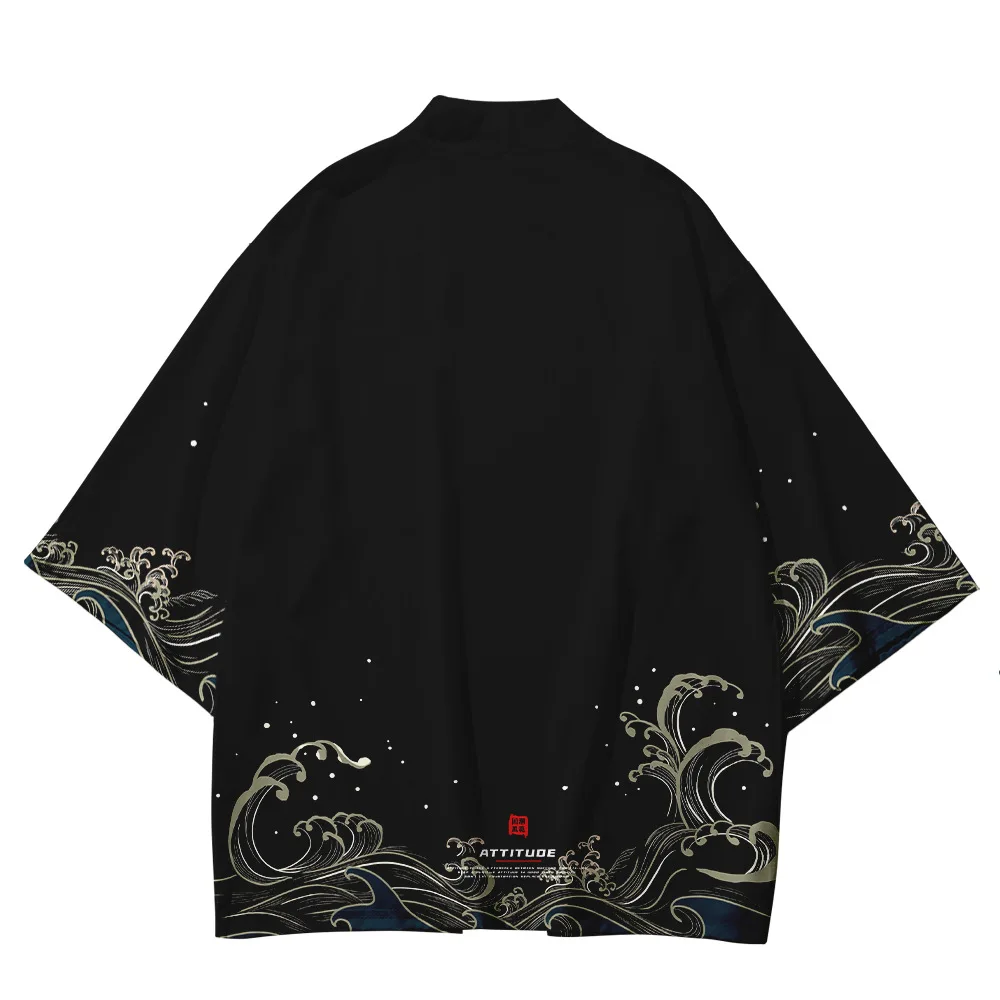 Kimono japonais noir pour hommes et femmes, pantalon et Costume, Streetwear Harajuku, Costume de samouraï, Yukata Haori Cardigan