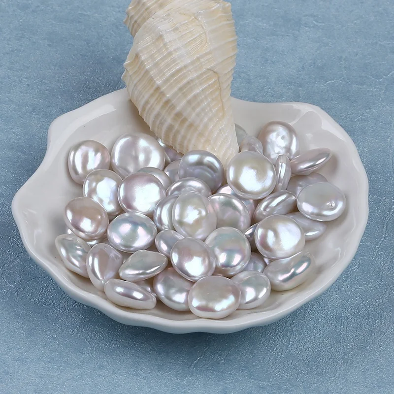 13-14 mm factory prices undrilled hole natural white freshwater coin shape loose pearls beads