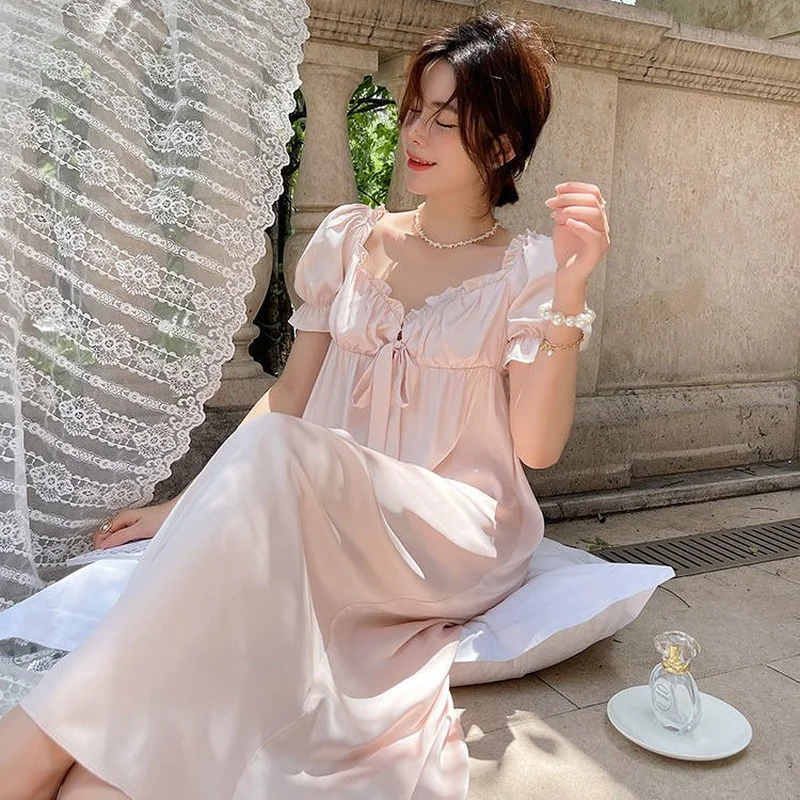 Nightgowns Women Sexy Blue Pink Sweet Maiden Thin Elegant V-neck Mid-calf Loose Female Princess Sleep Home Fairy Comfortable Ins