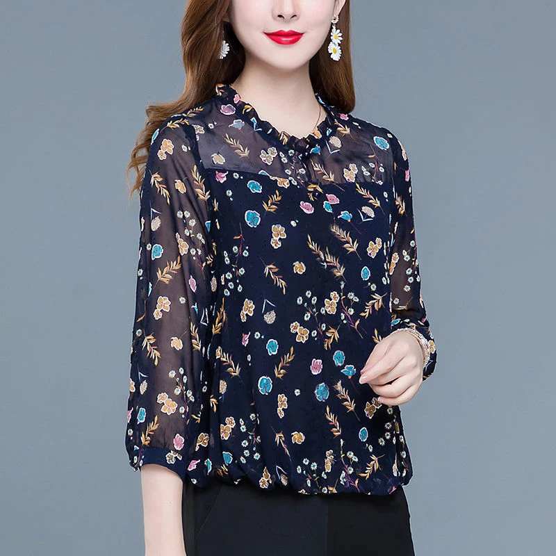 Women Chiffon Blouse 2021Autumn Floral Print Tunic Casual Middle Long Sleeve O-neck Top Lady Blouse NS4885