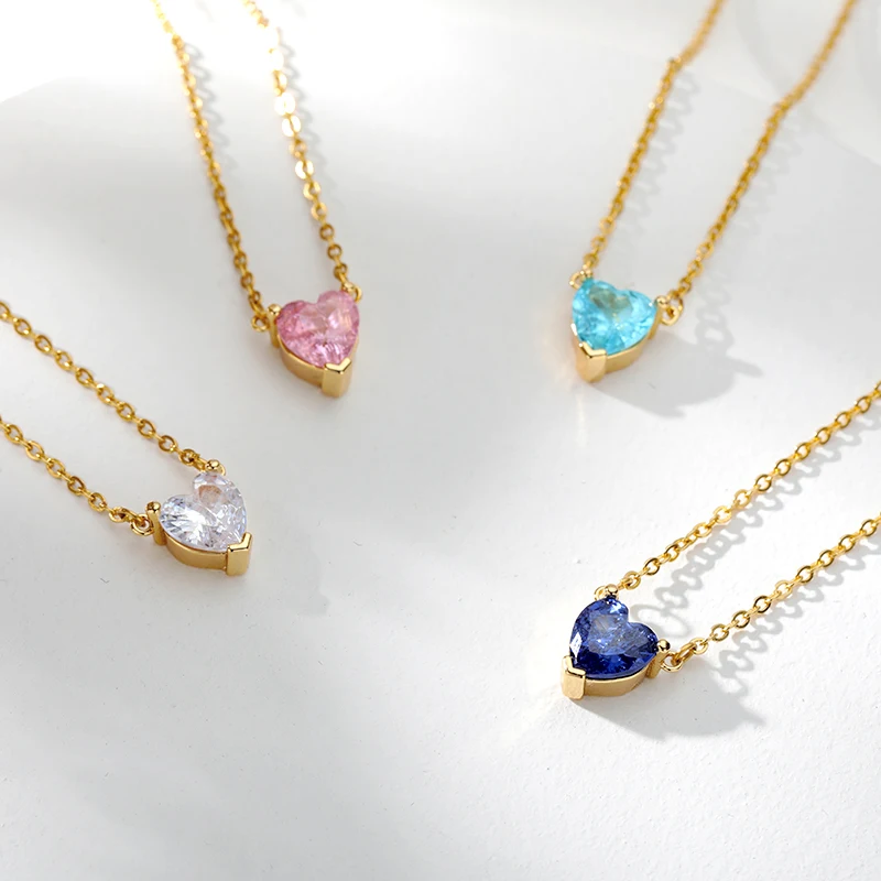 

Crystal Heart Necklaces For Women Stainless Steel Boho Zircon Blue Pink Cute Colorful Heart Pendant Neck Jewelry Gifts Whosale