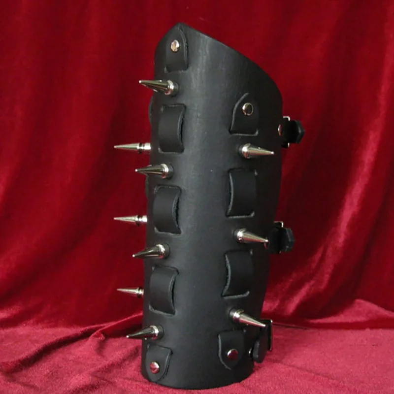 Mens Leather Woven Spiked Arm Bracer Black Vambraces Gauntlet With Straps Long Large Spikes Armband Armor Cuffs For Road Warrior