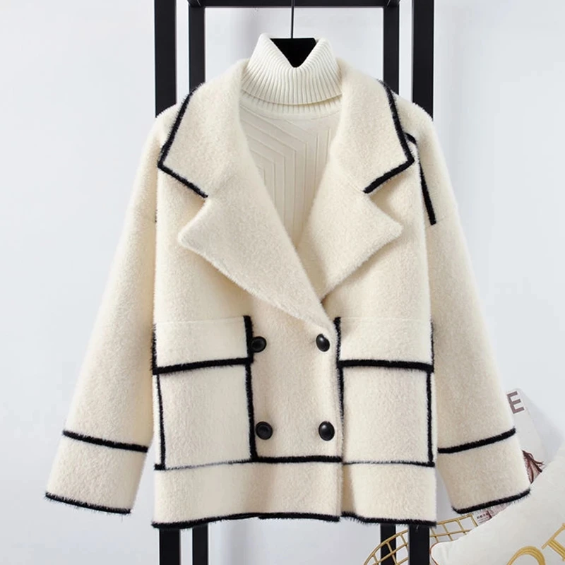 Women Winter Warm Wool Blends Cardigan Jacket Coat Female All-Match Double Breasted Loose Harajuku Outerwear