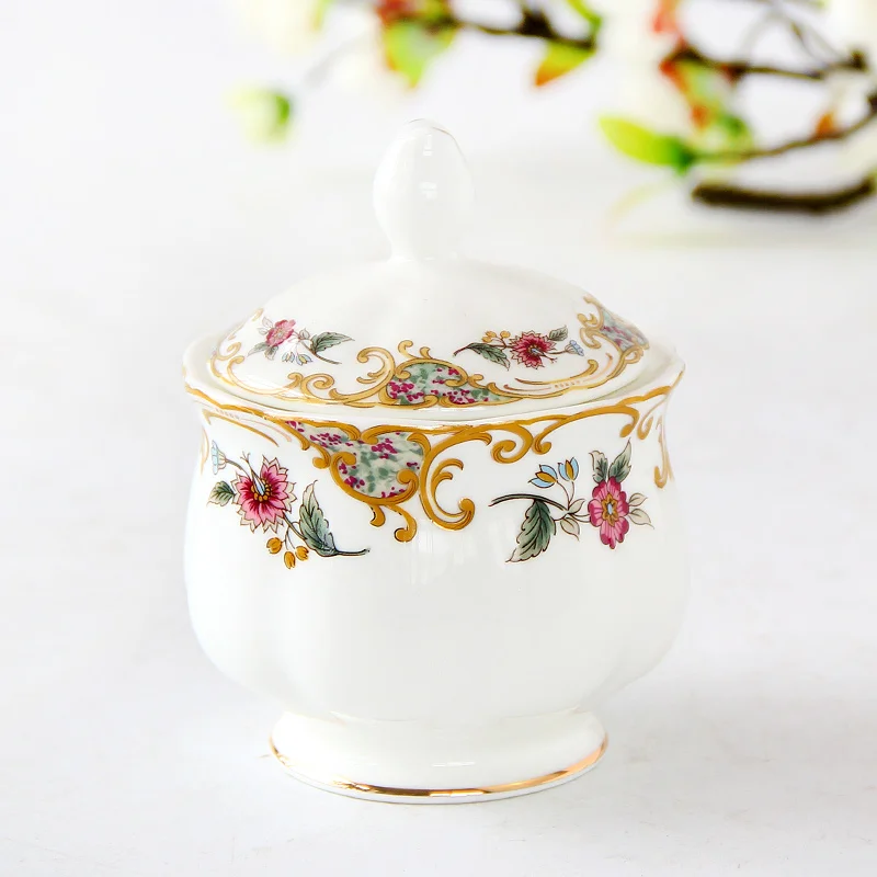 Sugar Bowl, Europe Style Bone China Coffee Set Accessory, Storage Container, Pot with Lid, Caddy, Kitchen Seasoning Box