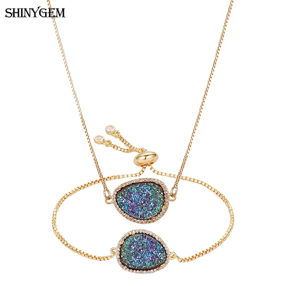 ShinyGem Gold Plating Vintage Retro Similar Water Drop Sparkling big Druzy Gem Stone Necklace Bracelet Jewelry Sets For Women