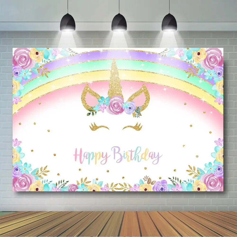 Mocsicska Unicorno Sfondo Floreale Arcobaleno Unicorno Sfondo fotografico Decorazioni per feste di compleanno per bambini Sfondo fotografico personalizzato