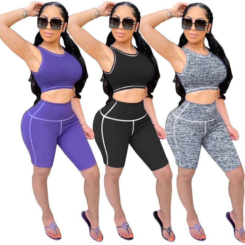 Bodycon Two Piece Outfits Shorts Co Ord Set Women Tracksuit Set Sportswear Crop Top Biker Shorts Sweat Suits Summer Casual Set