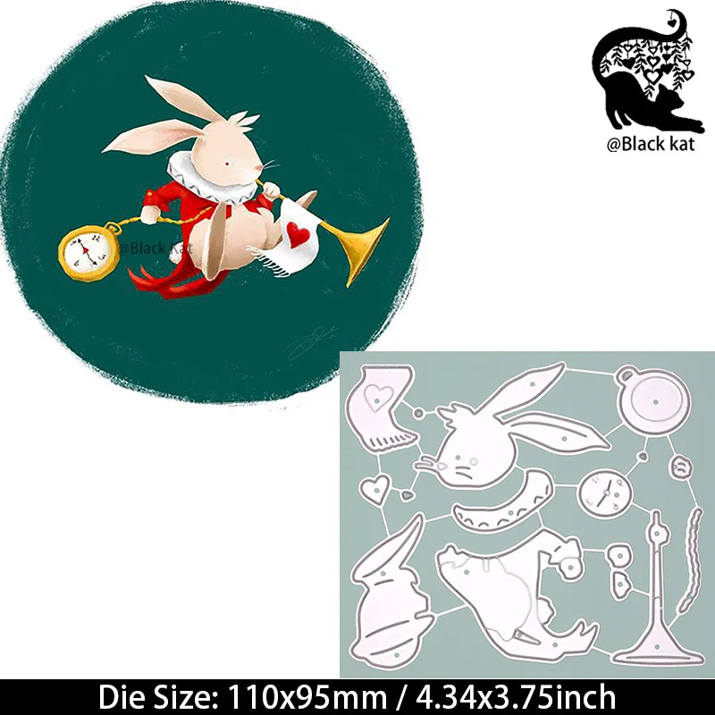 Love Rabbit With Clock Blowing Horn Cutting Dies Cute Tuxedo Bunny Metal Stencil For DIY Scrapbooking Card Craft