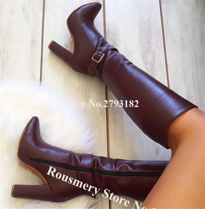 

Women Fashion Style Pointed Toe Knee High Chunky Heel Boots Black Leather Ankle Strap Buckles Thick High Heel Boots Dress Shoes