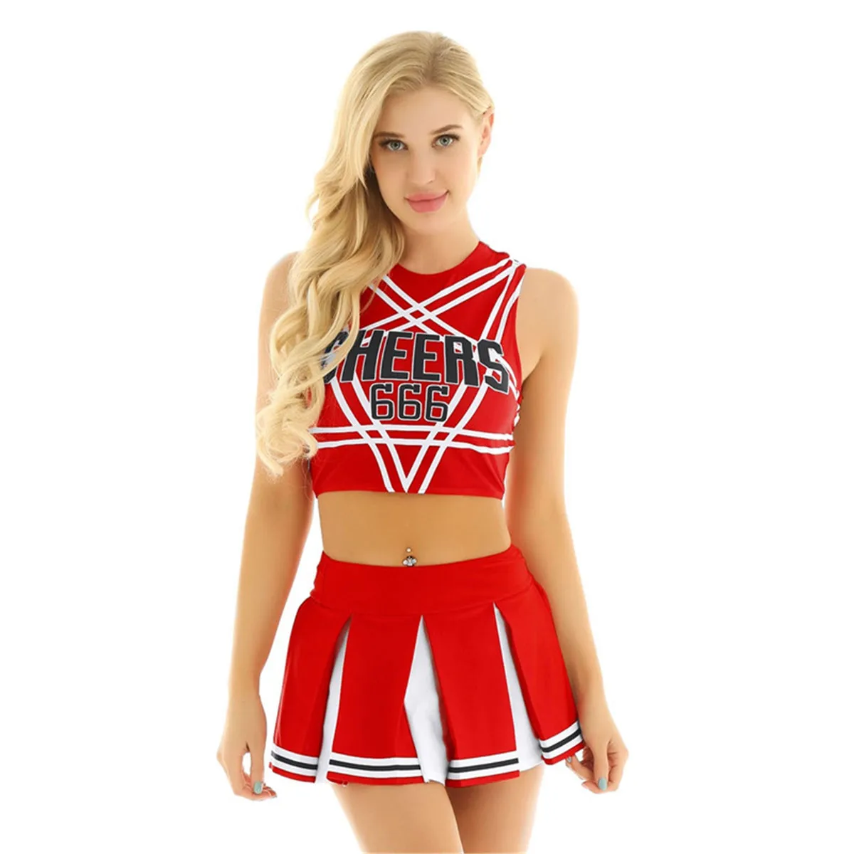 2 pezzi uniformi da cheerleader da donna acclamano 666 stampato senza maniche Crop Top Mini gonna a pieghe Set Costume da cheerleader per adulti