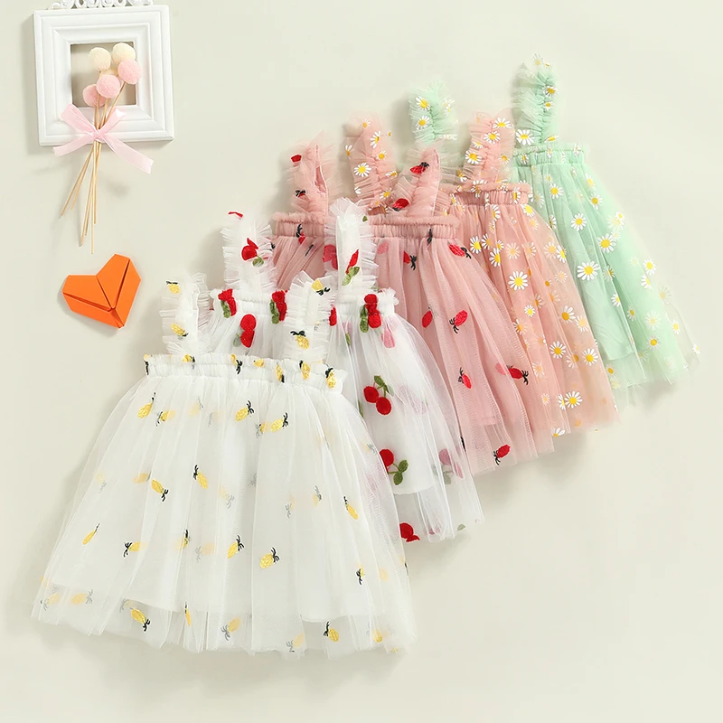 Toddler Kids Girls Princess Dress Daisy/Fruit Embroidery Sleeveless Sling Dress Summer Casual Mesh Tulle Fluffy Dresses