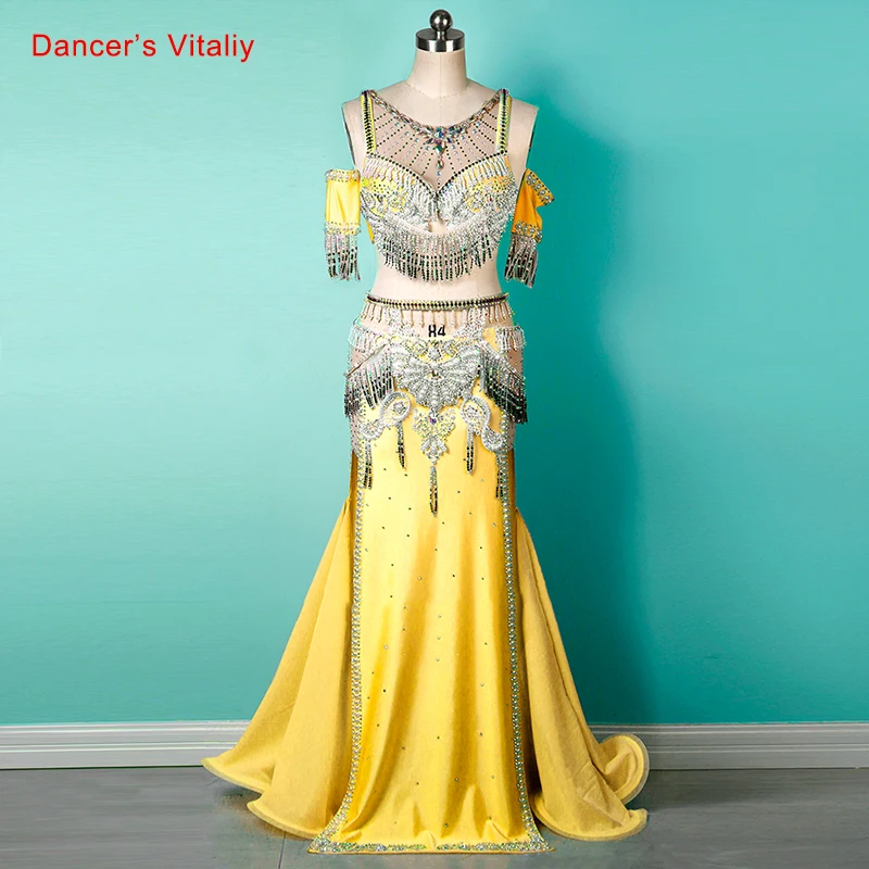 Belly Dance performance Costume fairy long skirt flash stones tassel high waist cross suit Custom adult child belly dancinng set