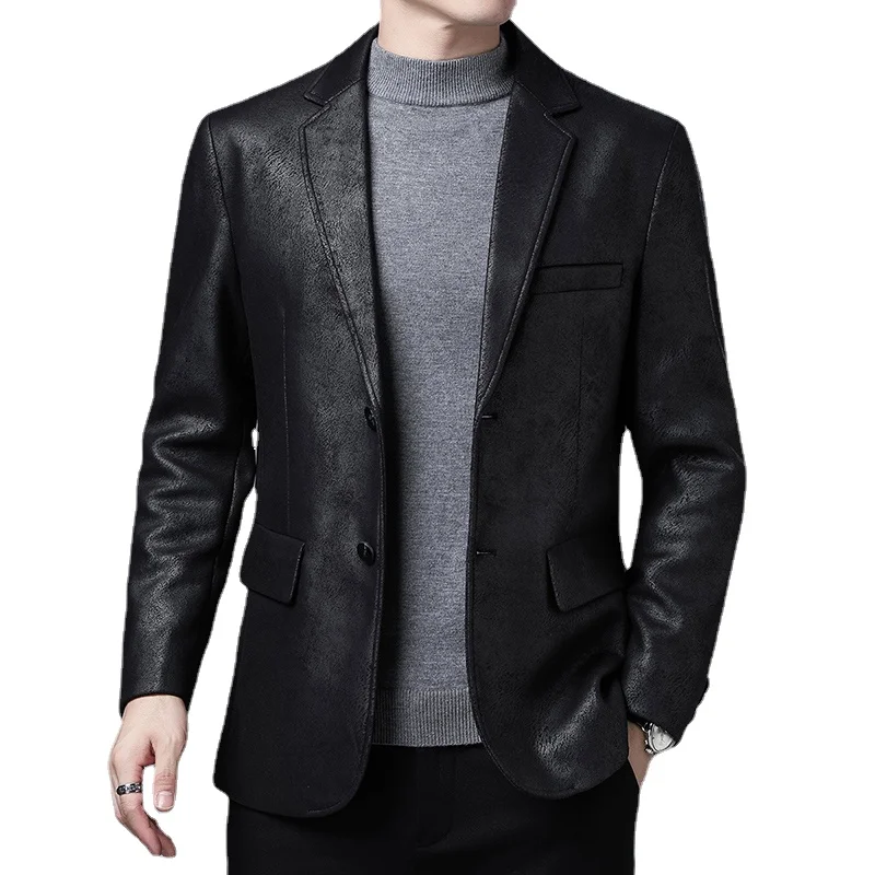 

2021 New Men Leather Jackets 2 Button Formal Dress Suits Fashion Man Blazers Black Brown Solid Motorcycle Coat Suede Jacket Male