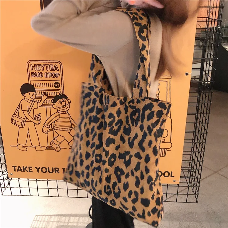 Leopard Print Women Shoulder Bags Vintage Ladies Corduroy Vest Bag Large Capacity Female Reusable Shopping Handbags Casual Tote