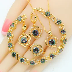 Heart Shaped Rainbow Zirocnia Gold Plated Jewelry Sets For Women Wedding Necklace Pendant Earrings Ring Bracelet Gift Box