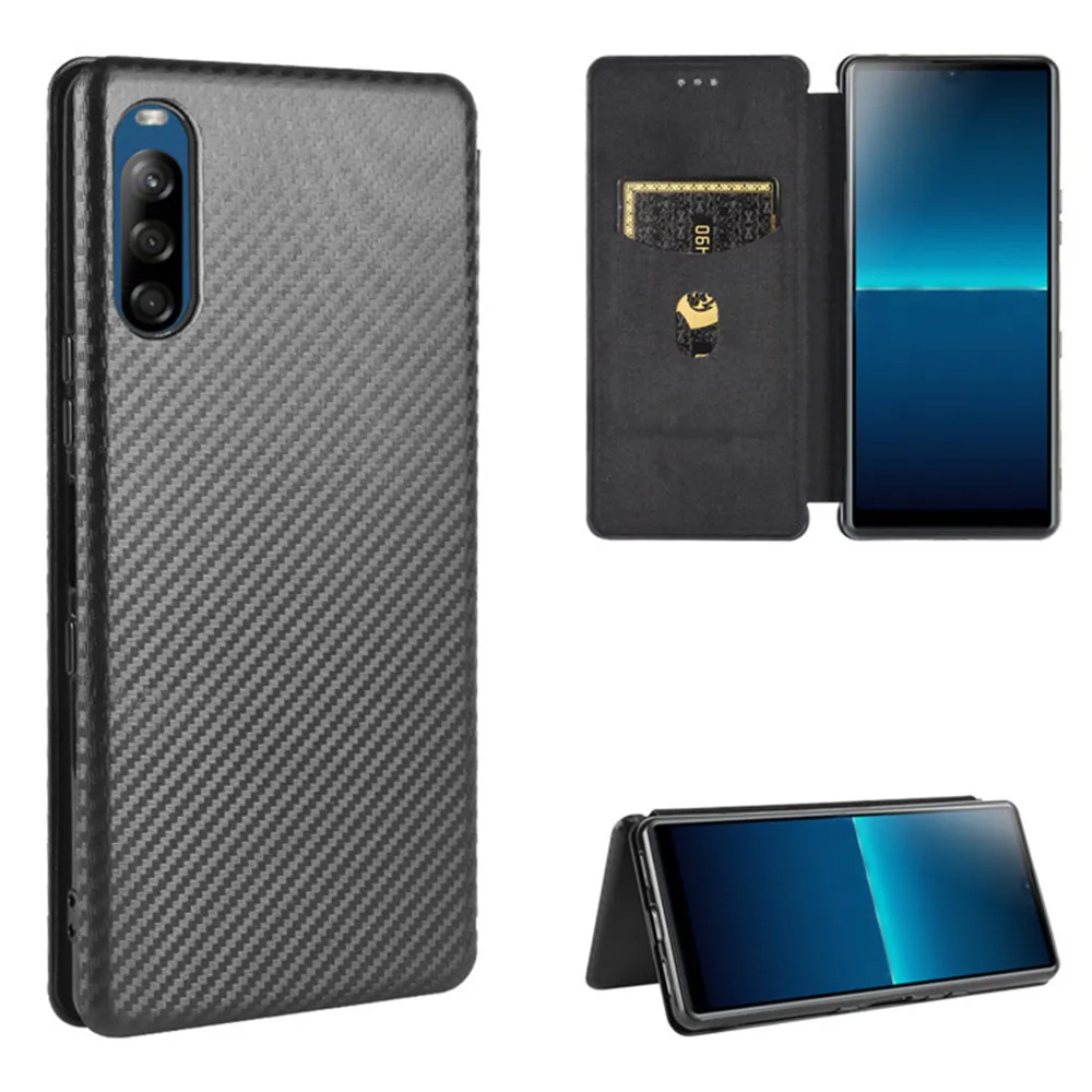 Para sony xperia l4 caso de luxo flip fibra carbono pele adsorção magnética caso à prova choque para sony l4 l 4 sonyl4 sacos telefone
