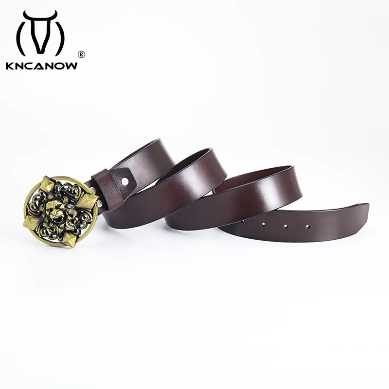 Mens Belt Lion Head Buckle Genuine Leather Straps Fashion High Quality Male Luxury Fancy Vintage Jeans Casual Pants Knight Strap