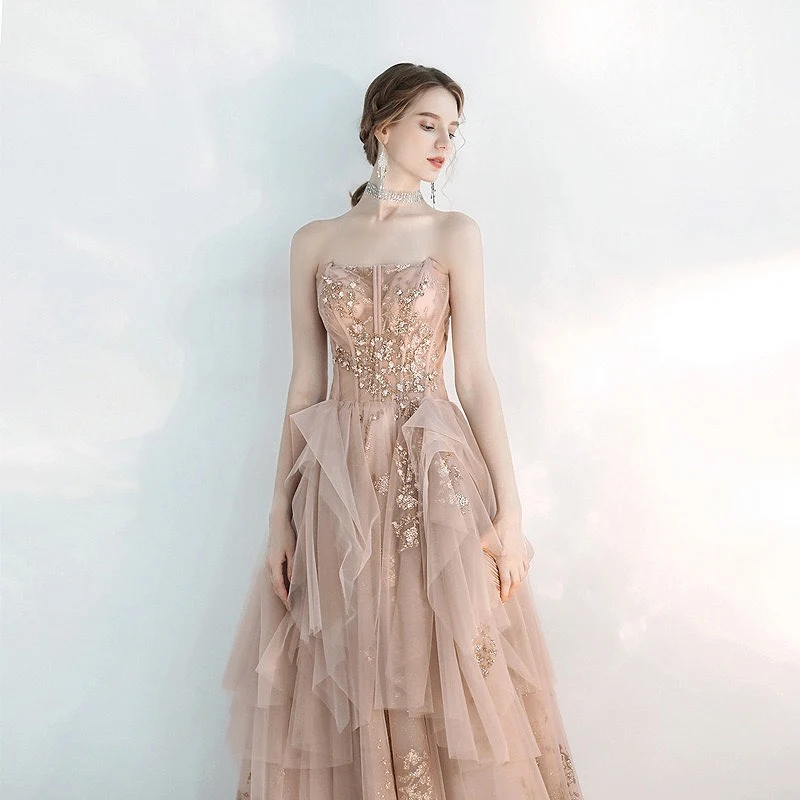 Strapless Champagne Pink Evening Dresses Sweetheart Neck Sequin Beaded A Line Wedding Graduation Party Prom Celebrity Gowns New