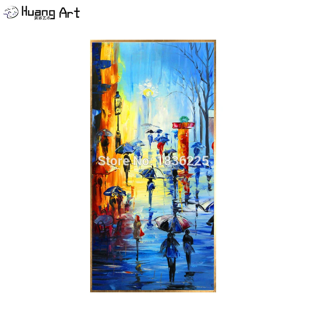 

Handmade modern canvas painting people hold umbrellas on street landscape knife oil painting for living room decor wall painting