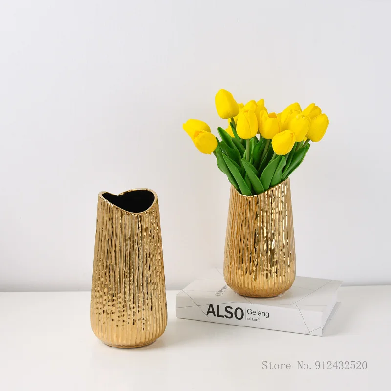 European-Style Electroplating Golden Ceramic Vase, Handmade Flower Shop Vase, Home, Living Room, Wedding, Hotel