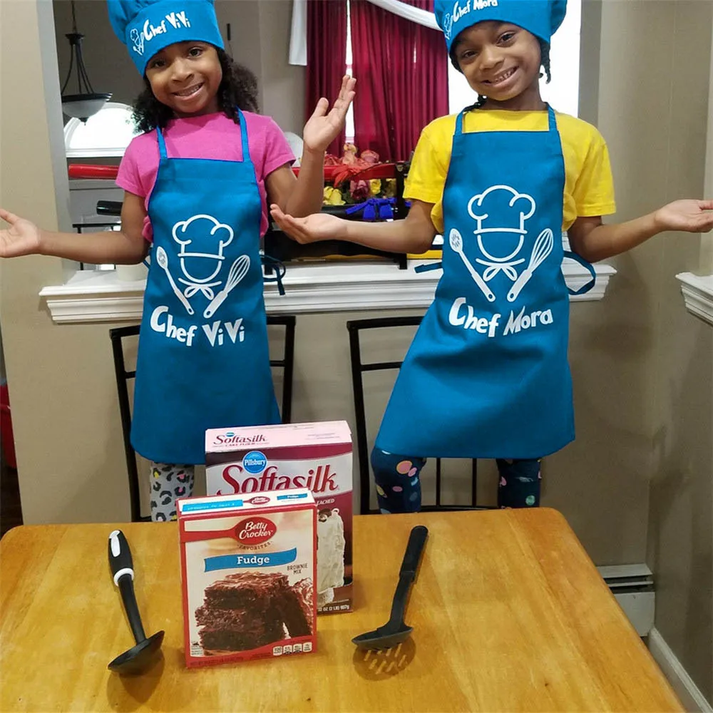 Personalized Chef Apron Hat Set for Boys Girls Custom Name Soft Cotton Comfortable Little Cook Teen Toddle Gifts Aprons