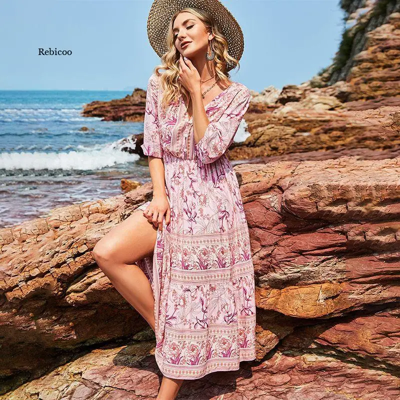 

Women's Spring and Summer V-Neck High-Waisted Bohemian Dress Women's Mid-Length A-Line Dress New