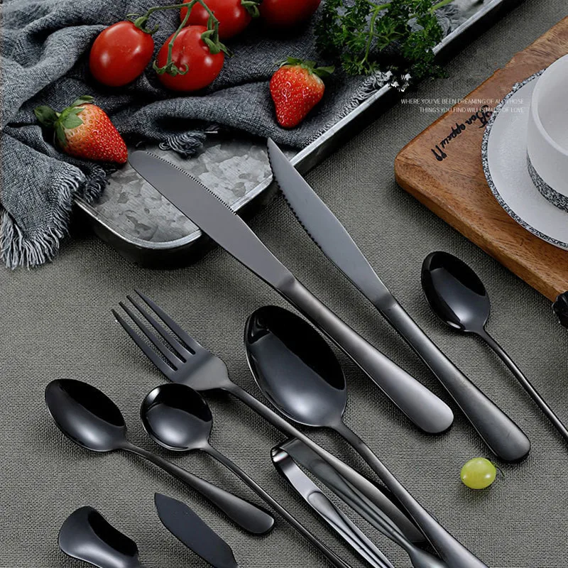 Black Stainless Steel Cutlery Set Black Kitchen Tableware Set Dinnerware Spoon Fork Dinner Set Tableware Home Flatware Mirror