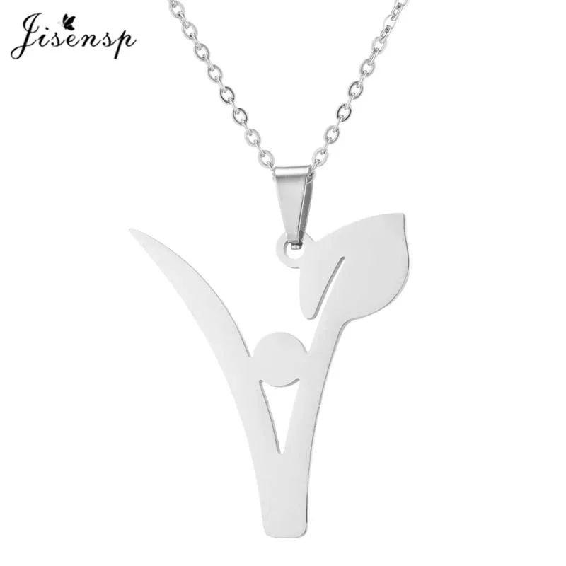 Jisensp 2019 Floral Plant Stainless Steel Pendant Necklace Green Stone Vegan Chokers Necklaces for Vegetarian Jewelry Gift