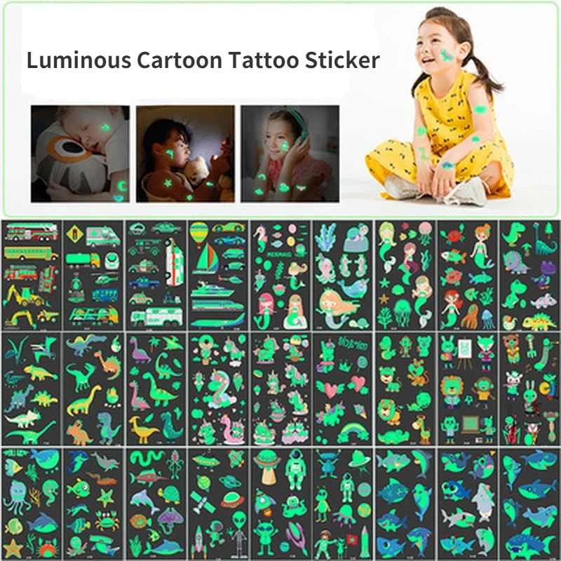 5Pcs/Lot Luminous Tattoo Face Temporary Color Unicorn Mermaid Dinosaur Tattoo Child Cute Tattoo Sticker Body Tattoo for Kids