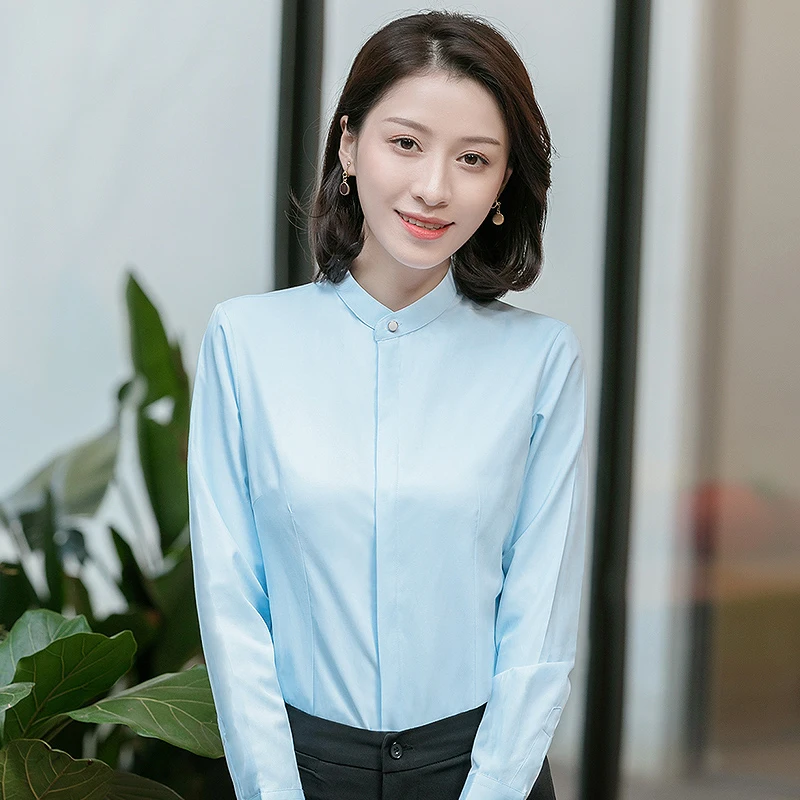 Women’s Long Sleeve Stand Collar Office Formal Casual Shirt Blouse Concealed Button Placket Ladies Office Slim-fit Dress Shirts