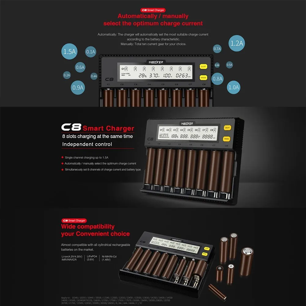 Imagem -06 - Miboxer-carregador de Bateria Universal c8 Tela Lcd de 18650 a Inteligente para Li-ion Lifepo4 Ni-mh Ni-cd