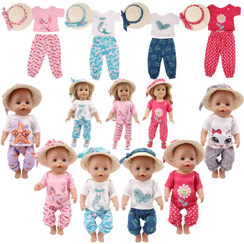 Doll Clothes Kitten Rabbit Mermaid 4Pcs=Silk Scarf+Straw Hat+T-shirt+Leisure Trousers For 18 Inch American&43 Cm Born Doll Girl