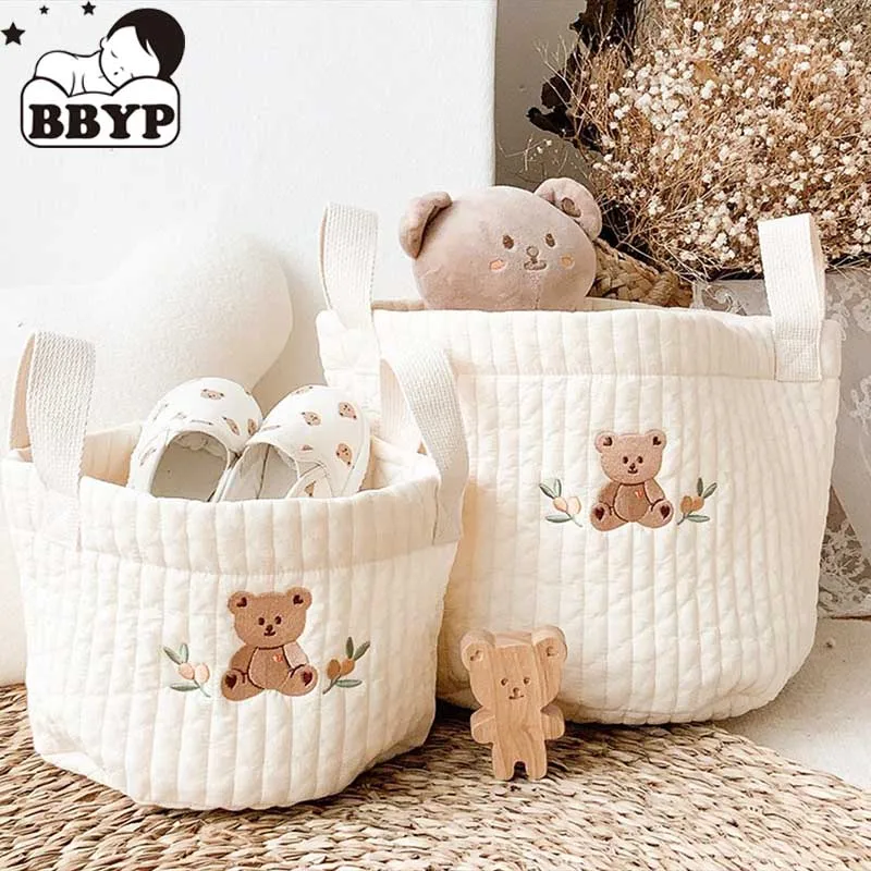 Cartoon Storage Basket Baby Diaper Clothes Toy Organizer Bag Bedding Cotton Collapsible Multifunctional Cream Color Storage Bag